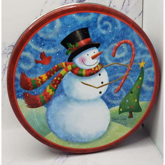 Snowman Christmas Cookie Tin Magic Frosty Scarf Top Hat Cardinal Sharla Fults - Picture 1 of 8
